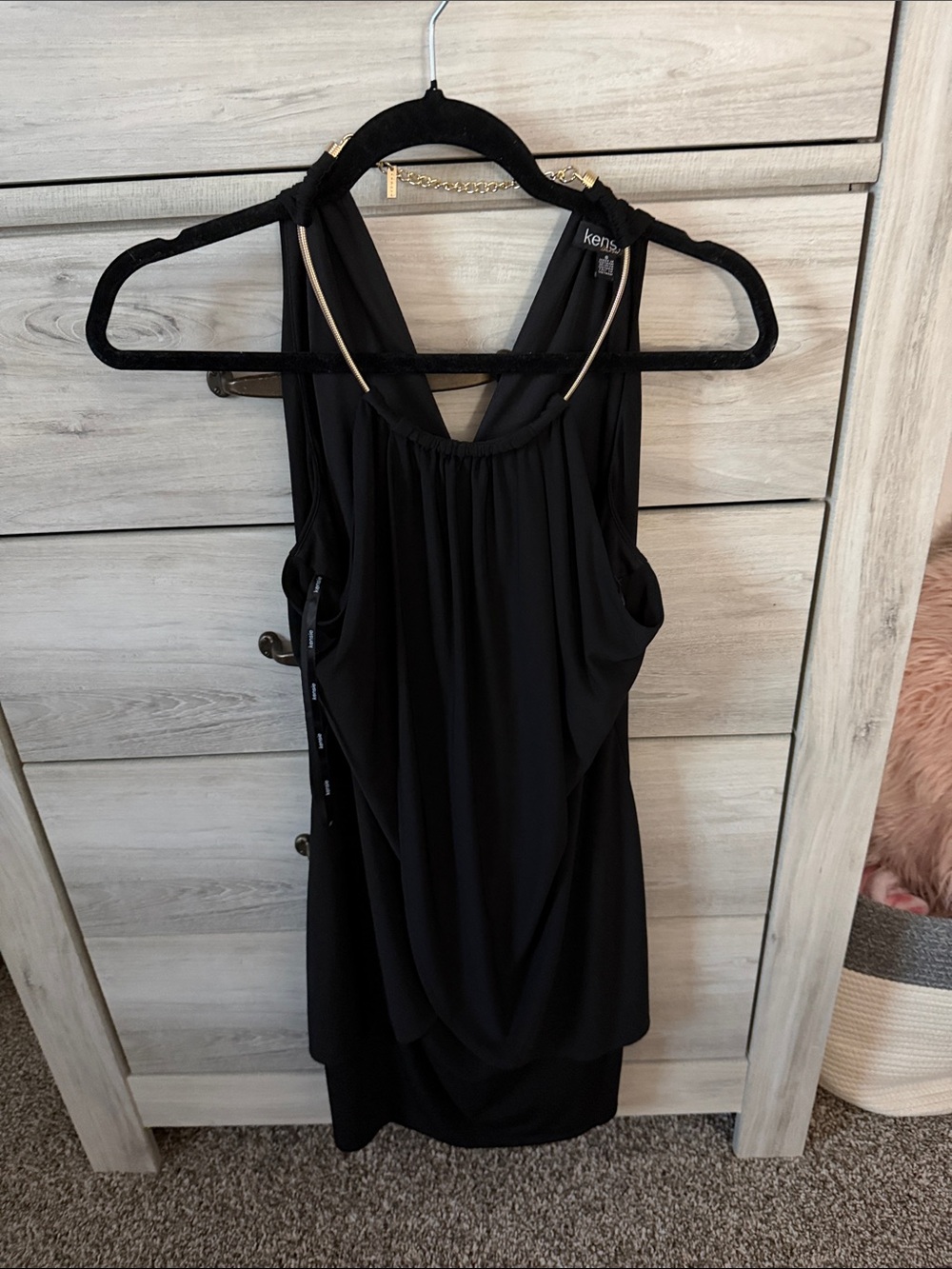 Kensie Black Sleeveless Draped Cocktail Dress with Gold Neck Ring